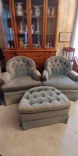 Pair blue velvet boudoir chairs - w/footstool