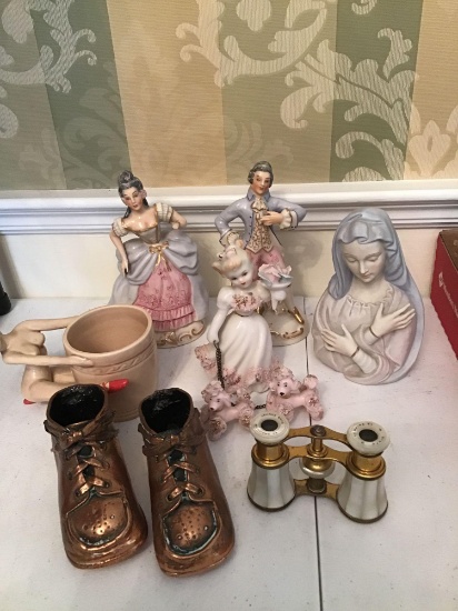 Lot of seven figurines. Pair of brass shoes and opera glasses marked Paris mother of pearl