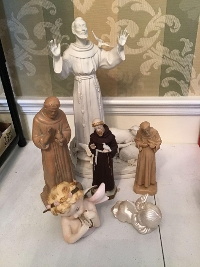 Lot of 6 religious figurines. Saint Francis, angels