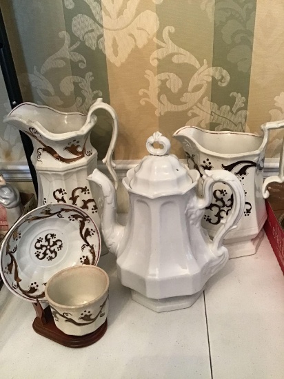 Lot of five Ironstone pieces. Three pots have a hairline cracks and or repairs