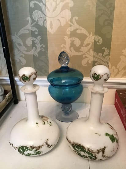 Pr milkglass decanters. Painted. One chipped on edge. Blue art glass candy dish