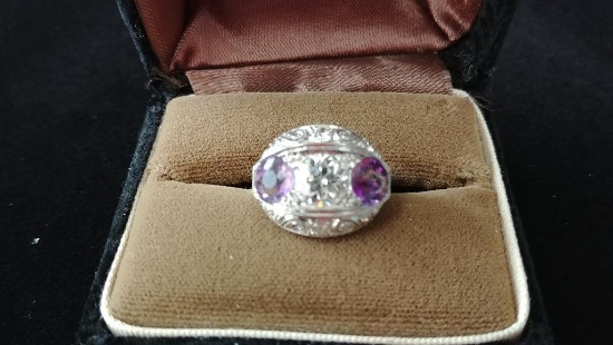 Ladies seven (7) diamond and two (2) amethyst platinum ring Size 6 Resized to 7 1/2