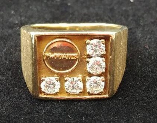 14K YG custom made McQuails ring - 5 diamonds - 15.5 grams. Size 8 1/2