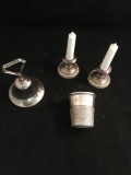 Sterling Candlesticks that are Salt & Pepper Shakers; Bell; Thimble Shot Glass Engraved Only A