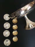 4 Revere Bowl Salts Silver Plated; 4 Plated Seashell Salts, 1 Plates Pedastool Bowl 11 Diameter