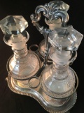 3 Piece Decanter Set on Silver Tray and Silver Overlay Decanter Monogrammed EMCQ