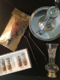 4 Silver Plated Wine Stopper 1 Missing; Pier One Wine Stopper; Tongs; Syrup Pump & Vase