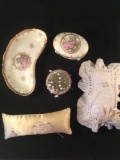 Vintage Porcelain Ladies Dresser Set & 3 Pin Cushions