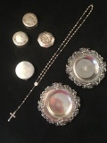 Sterling Silver 7 Pieces - 2 Pill Boxes 1 Monogrammed EJM; 2 Rosary Bead Boxes; Rosary Beads; 2