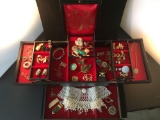 Costume Jewelry Box - All Clip On Earrings; Choker; Pins; Pearl Collar; Bracelet, Ladies Cuff Links