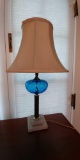 Candlestick lamp, blue globe base