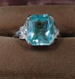 Unmarked kt, w/g, 12mm x 10mm cushion shaped Aquamarine Ring with two (2) .02 ct. single cut