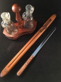 Oil & Vinegar Set in Wooden Holder; Case Bread Knife in 19 Inch Case