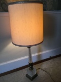 34 1/2 Inch Brass & Crystal Lamp w/ Drum Shade In Working Order