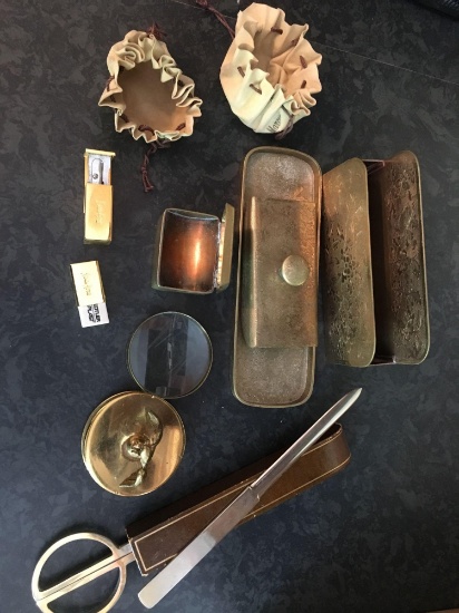 Lot of Brass Office/Desk Set; Eagle Magnifying Glass; Neam Marcus Easer and Pencil Sharpener