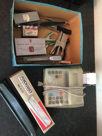 Box of Office Supplies; Staplers; Three Hole Punches; Adding Machine; Letter Openers; Single Hole
