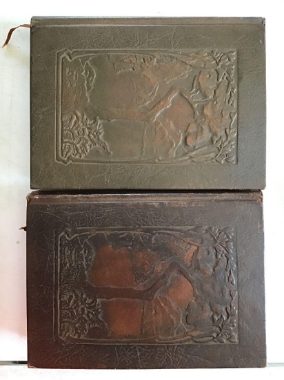 Pair leather bound books embossed covers. Robert Owen Little Journeys. Isaac Newton