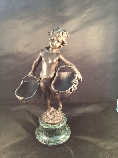 Brass on marble figure. Child with baskets