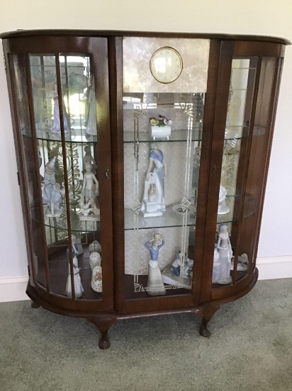 Walnut. Curved glass display cabinet. Clock front insert.