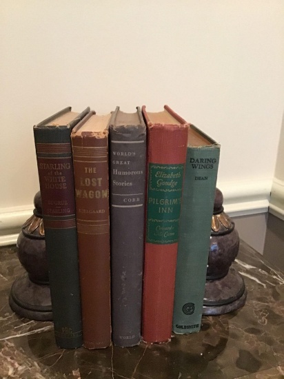 Lot vintage books and marble bookends
