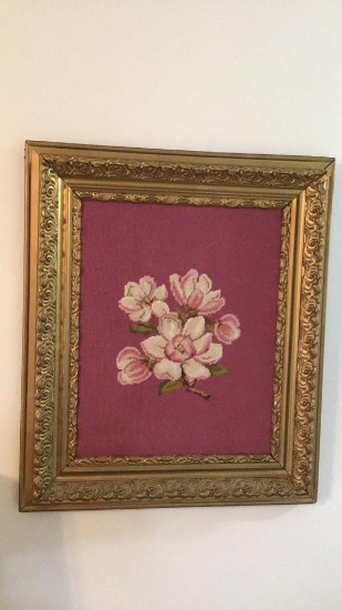 24 x 28 needlepoint dogwood in antique wooden