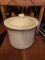 Two gallon crockery chamber pot.  Lid has been