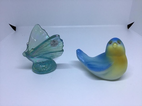 Two Fenton paperweights.  Bird and butterfly