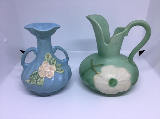 Two Weller vases.  7 inches.  Both pieces show