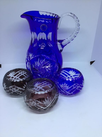 9 inch Poland etched pitchers.  3 etched bowls