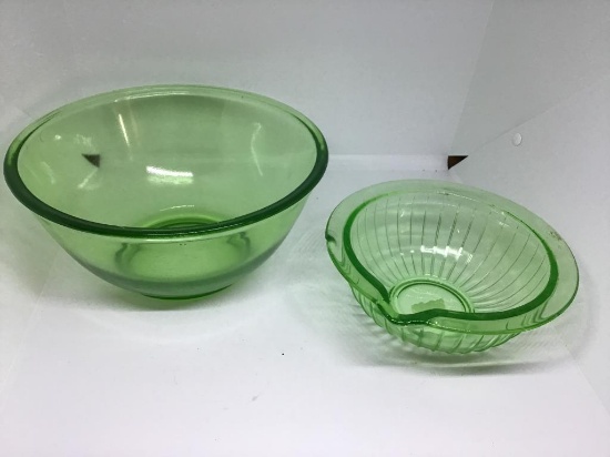 Two green depression pcs.  9 inch mixing bowls.