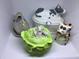 Four figural pottery pcs.  Tureen, creamer,