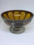 Amber glass bowl encased in silverplate.  10 in