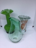 Three blown glass pcs.  Pitcher, 2 vases.
