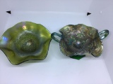 2 pcs green carnival glass.   Trim foot bowl,
