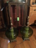 Pr lamps.  Green glass 39 inches.  No shades