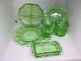 7 pcs green depression glass