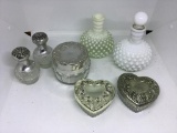 Lot perfume bottles, dresser jars with lids