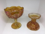 Two carnival glass pcs.  8 inch compote, bowl