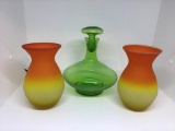 Green 6 in decanter, Pr 5 inch Pilgrim vases.