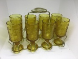 8 amber sandwich glass goblets, in carrier