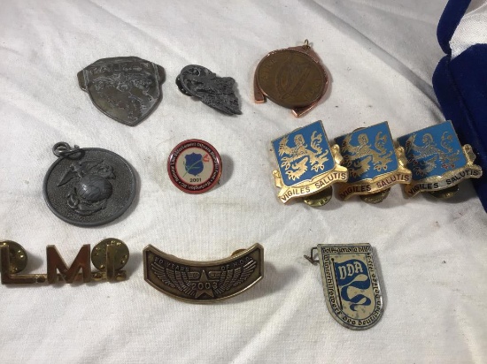 Lot pins and medals.  5 inch hat pin.