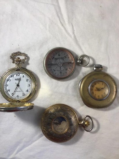 3 vintage pocket watches and compass.
