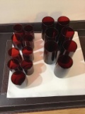 Ruby red 9 juice glasses, 7 water glasses