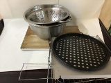 Stainless bowl, colander, cutting board, racks