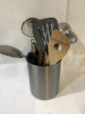 Stainless utensil holder with kitchen items