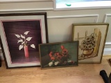 Three floral framed items.  Crewel daisy and two