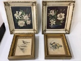 Vintage framed floral prints, bird prints (