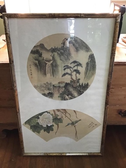 Oriental framed piece signed with red. 2 scenes