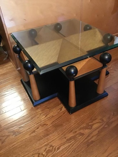 Very unusual wooden and glass and table. 26 inch