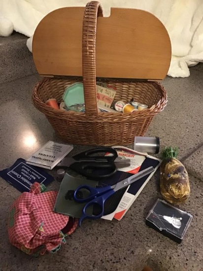 Wooden sewing basket and contents, 10 inches long